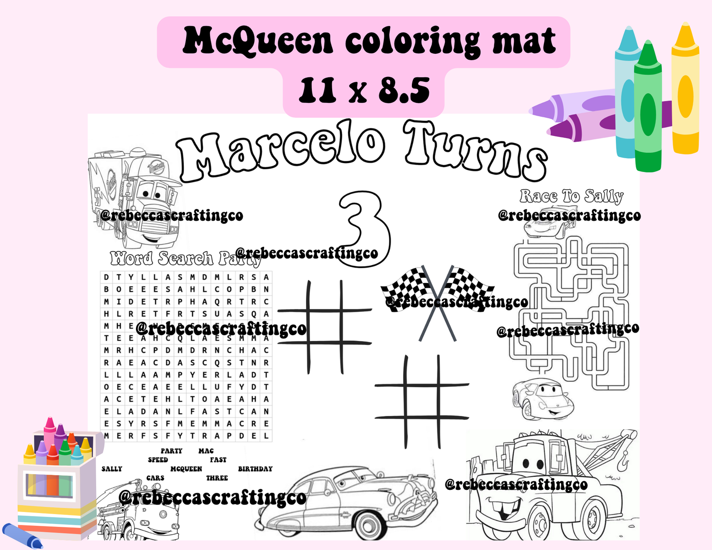 McQueen Party Favor Coloring Mat 11 x 8.5 *Digital*
