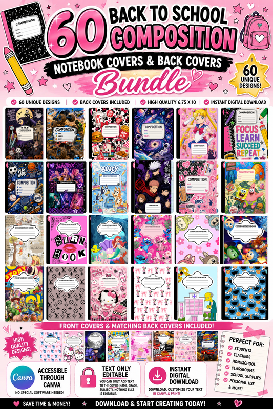60 Back To School Digital Composition Cover & Back Cover Bundle