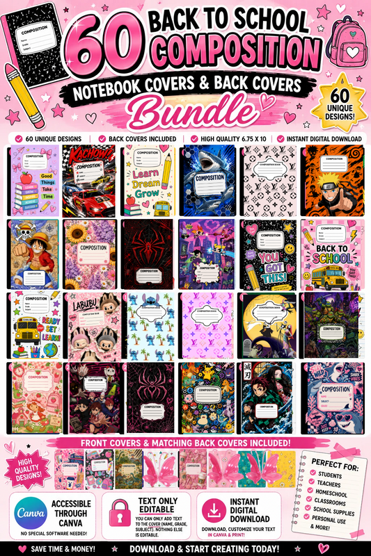60 Back To School Digital Composition Cover & Back Cover Bundle